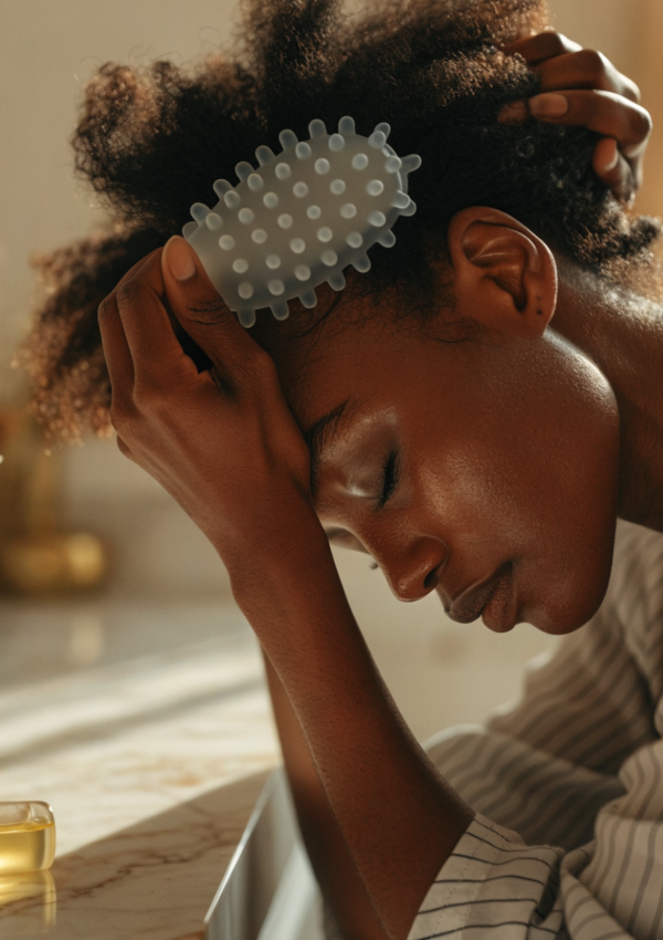 A woman with beautiful natural coils massaging her scalp with a silicone brush beside hair oils
