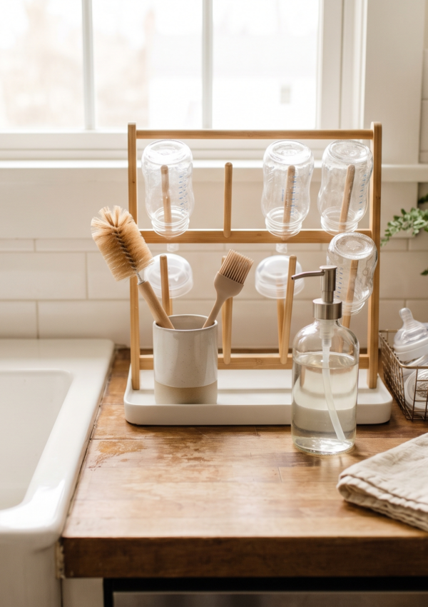 A tidy baby bottle washing station beside a farmhouse sink with a drying rack, brushes and soap