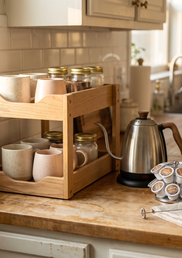 A warm home coffee station with a wooden organizer, gooseneck kettle and glass bean canister in morning light