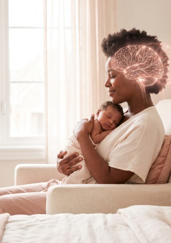 A Black mother with natural hair holds her newborn against her chest while a soft glowing illustration of a brain shines through her head