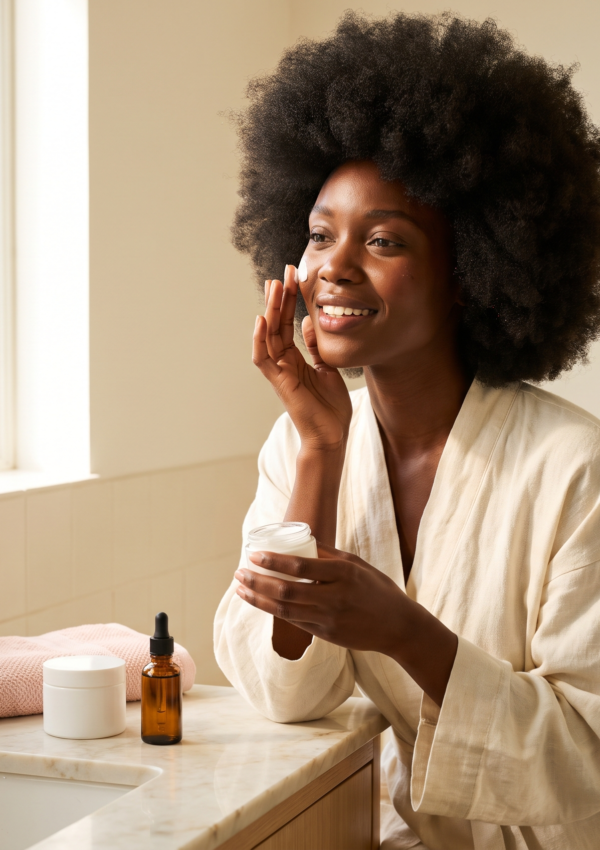A Black woman with a natural afro applying face cream at a bright ivory bathroom vanity in autumn morning light