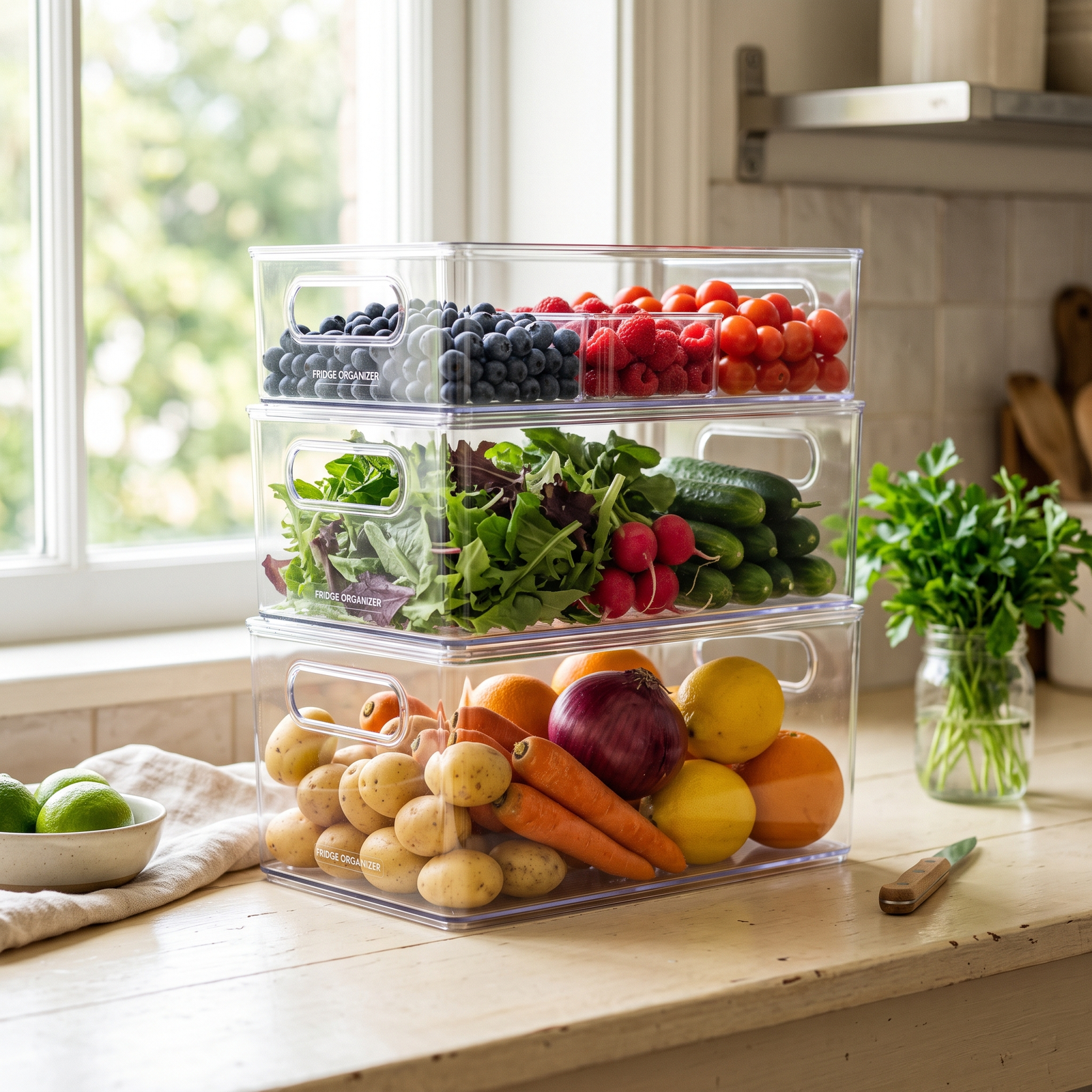 Clear fridge organizer bins