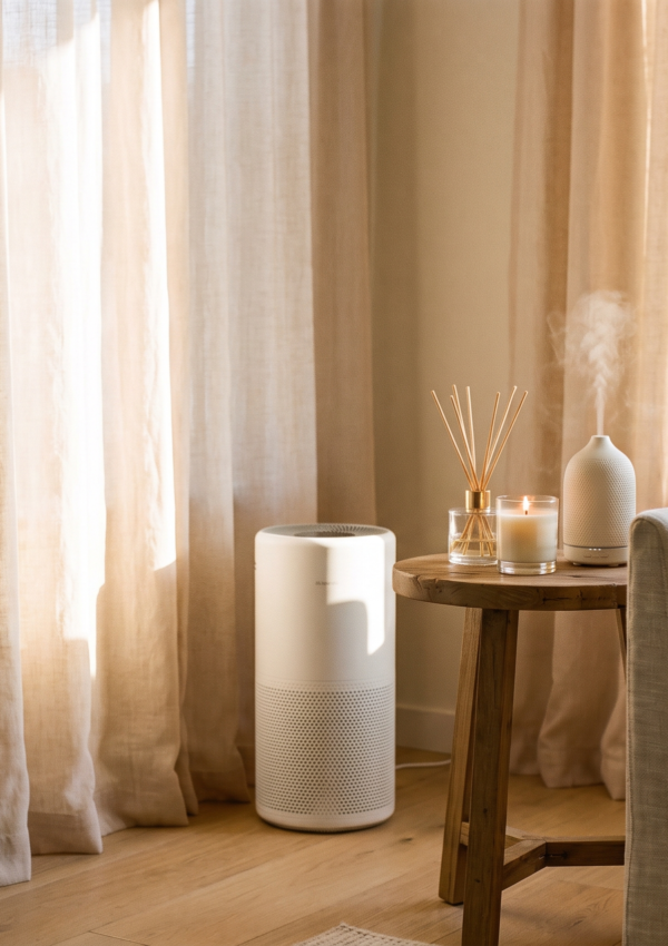 A calm cream living room corner with an air purifier, reed diffuser and lit candle in September afternoon light